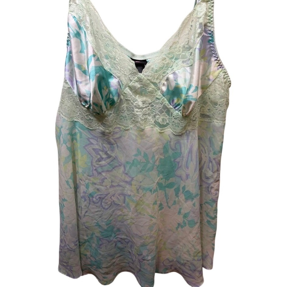 Secret Treasures Floral Satin Lace Trim Chemise Nightgown Mint Lavender XL 16/18